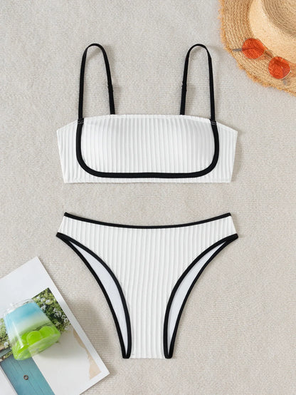 2025 Rib Piping Bandeau High-Rise Bottoms Bikini Set Trendy Beachwear Straight Neckline High Rise Swimwear Swimsuit Bathing Suit - -
