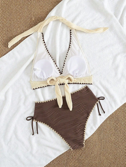2026 Sexy Khaki Patchwork Two Piece Bikini Set Women Push Up Drawstring Side High Waist Swimsuit Holiday Bathing Suit Swimwear - -