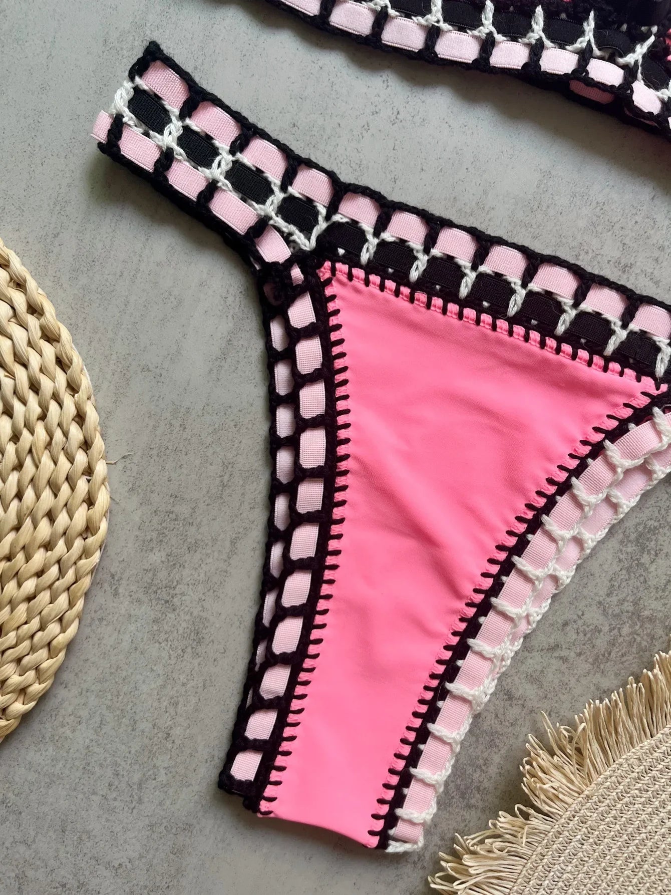 Sexy Black Patchwork Hand Crochet Bikini Set Women 2026 V Neck Push Up Bra Thong Swimsuit Beach Bathing Suit Knitted Swimwear - -
