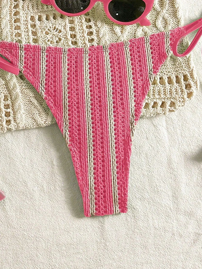 Sexy Orange Striped Bikini Set 2026 Women Halter Push Up Bra Tassel Bandage Thong Swimsuit Summer Holiday Bathing Suit Swimwear - -