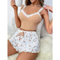 2Pcs Women Pajama Set Pink Lace Patchwork V-Neck Sleepwear Sexy Nighties Suit Cami Top Printed Shorts Soft Pyjamas Loungewear - Beige -