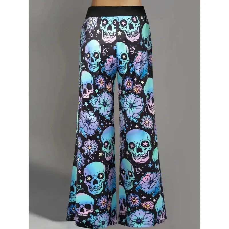Hallowmas Skull Flower Print Pants Woman 2025 Plus Size Elastic Waist Wide Leg Pant Casual Large Full-length Trousers - -