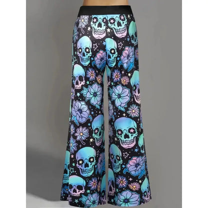 Hallowmas Skull Flower Print Pants Woman 2025 Plus Size Elastic Waist Wide Leg Pant Casual Large Full-length Trousers - -