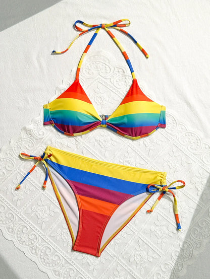 Women's Rainbow Color Bikini Set Sexy Beach Vacation Backless 2 Piece Swimsuit 2024 Summer Bathing Suit Bra Push Up Swimwear - CH15 -