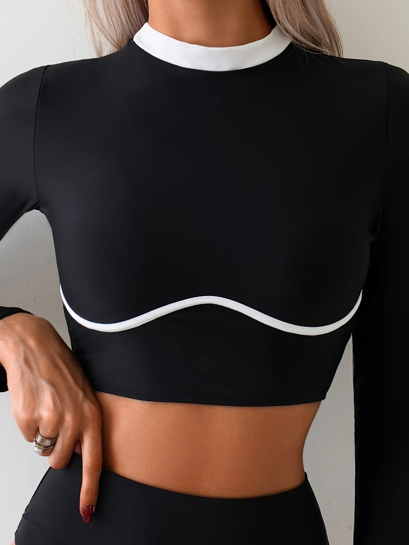 Vintage Black Contrast Bikini 2025 Women Long Sleeve Slim Shirt Top High Waist Sunscreen Swimsuit Beach Bathing Suit Swimwear - -
