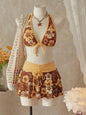 Vintage Pink Floral Print Contrast Bikini Set 2026 Women Drawstring Side Skirt 3 Piece Swimsuit Holiday Bathing Suit Swimwear - Coffee -