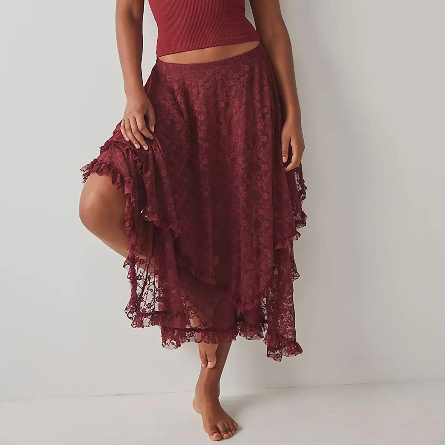 Vintage Lace Flower Women Midi Skirts Elastic High Waist Skirts Spring Summer Chic Irregular Hem Casual Female Skirts - Red -