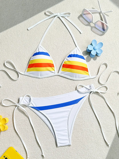 Women's Rainbow Color Bikini Set Sexy Beach Vacation Backless 2 Piece Swimsuit 2024 Summer Bathing Suit Bra Push Up Swimwear - -