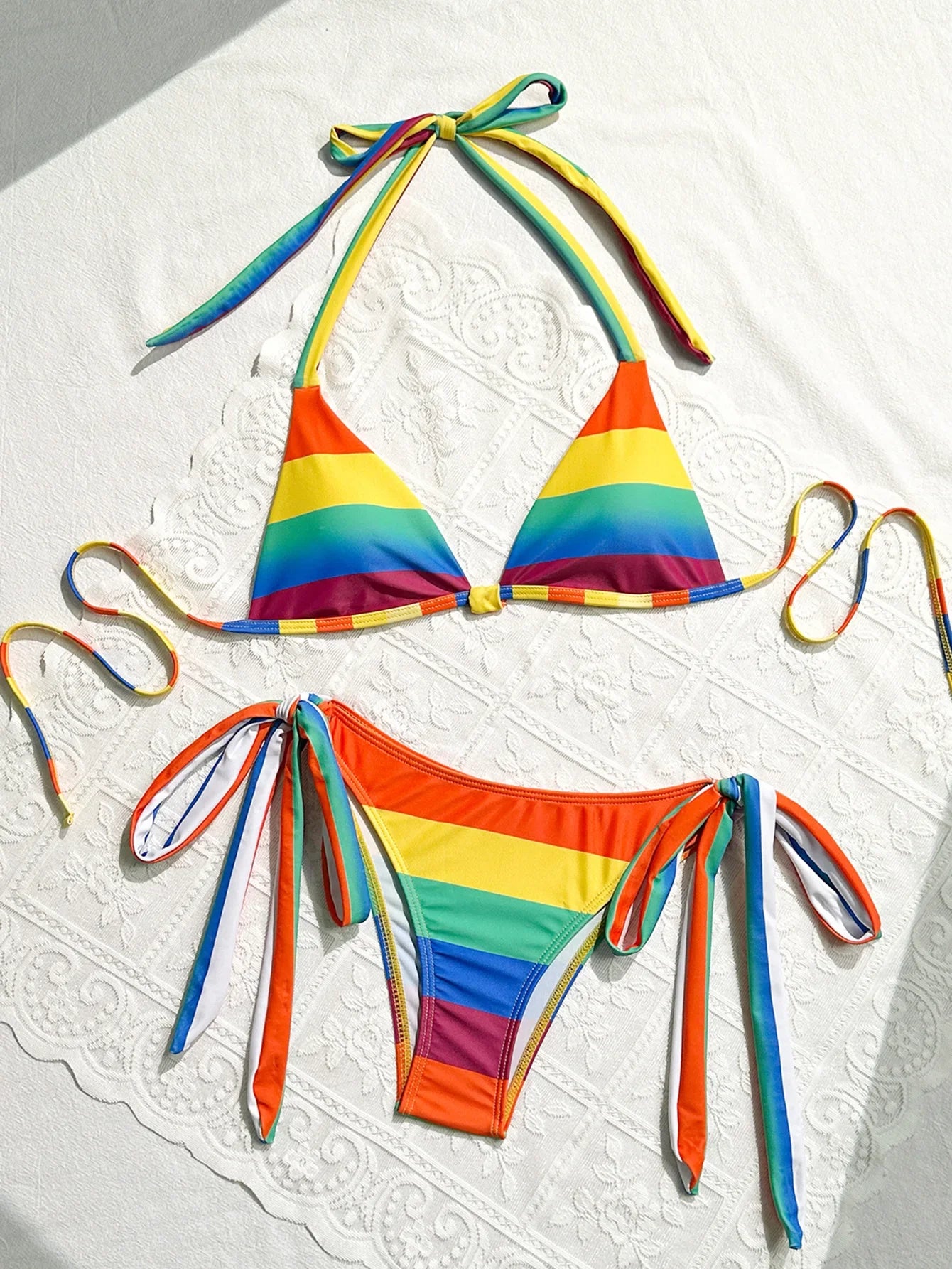 Women's Rainbow Color Bikini Set Sexy Beach Vacation Backless 2 Piece Swimsuit 2024 Summer Bathing Suit Bra Push Up Swimwear - -
