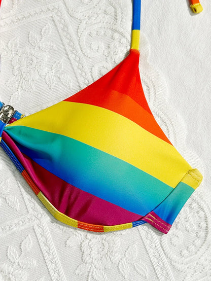 Women's Rainbow Color Bikini Set Sexy Beach Vacation Backless 2 Piece Swimsuit 2024 Summer Bathing Suit Bra Push Up Swimwear - -