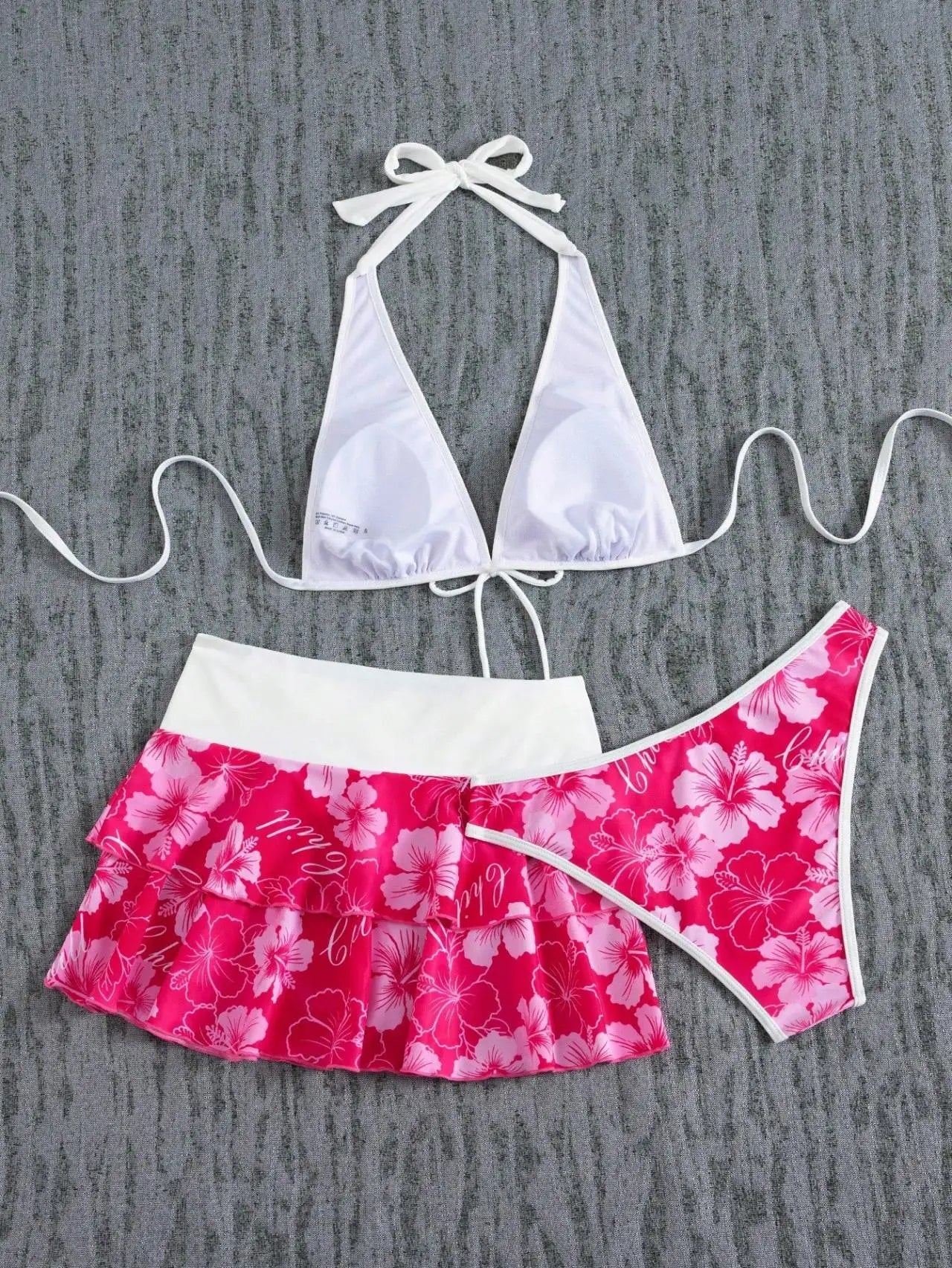 Vintage Pink Floral Print Contrast Bikini Set 2026 Women Drawstring Side Skirt 3 Piece Swimsuit Holiday Bathing Suit Swimwear - -
