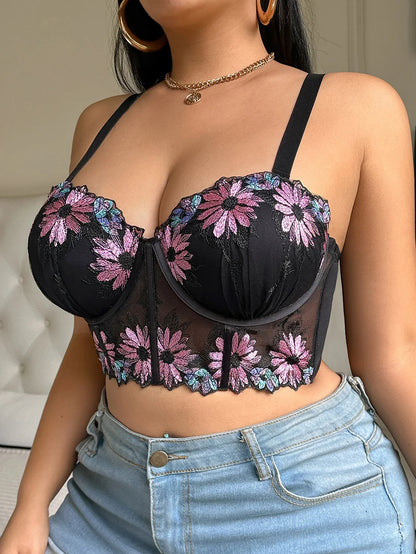 D E Thin Cup Plus Size Bras Lace Embroidered Floral Push up Bra Wide Shoulder Straps Soft Side Support Underwire Bra for Women - -