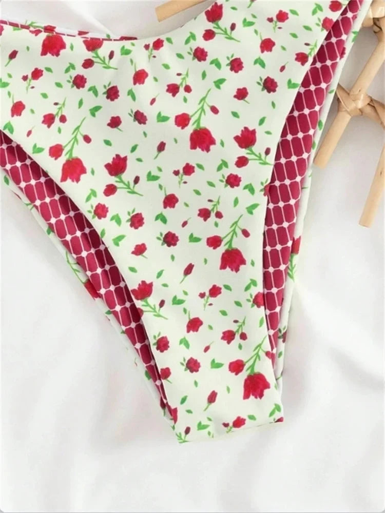 Sexy White Floral Print Micro Bikini 2026 Women Push Up Bra High Waist Swimsuit Beach Bathing Suit Holiday Two Piece Swimwear - -
