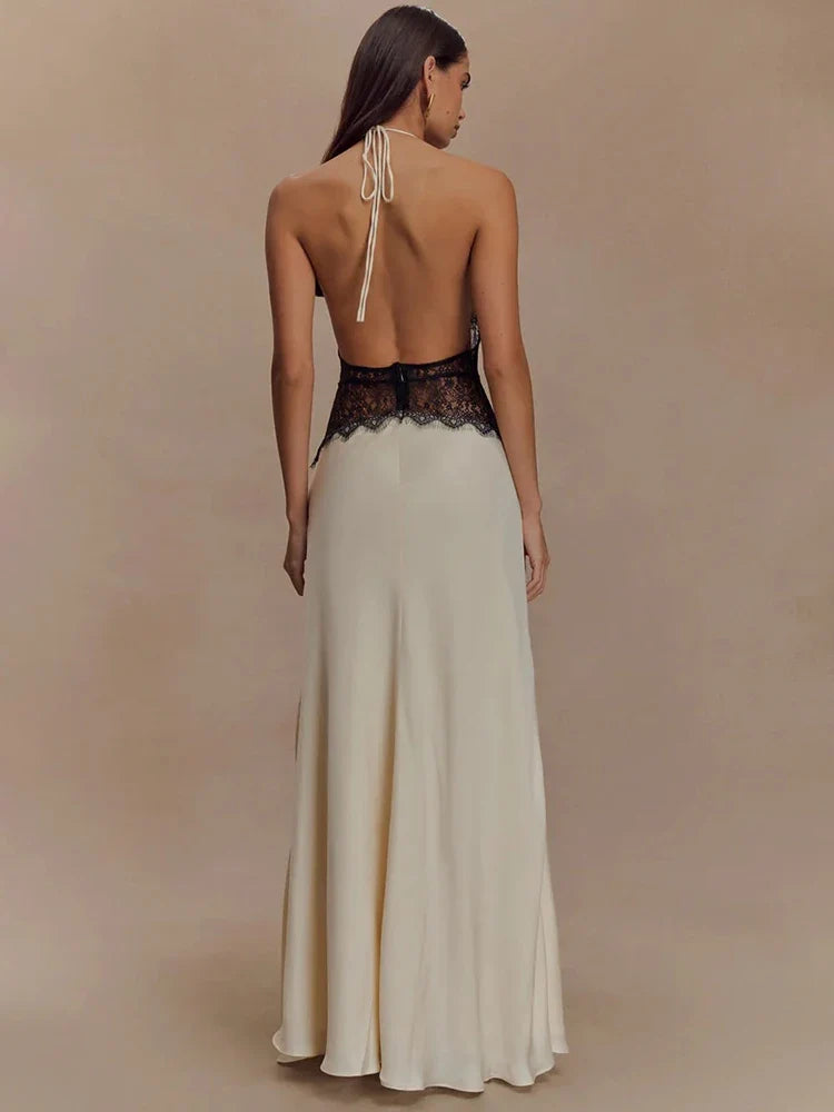 Mozision Backless Maxi Dress Lace Deep V Neck Sleeveless High Waist - - dress