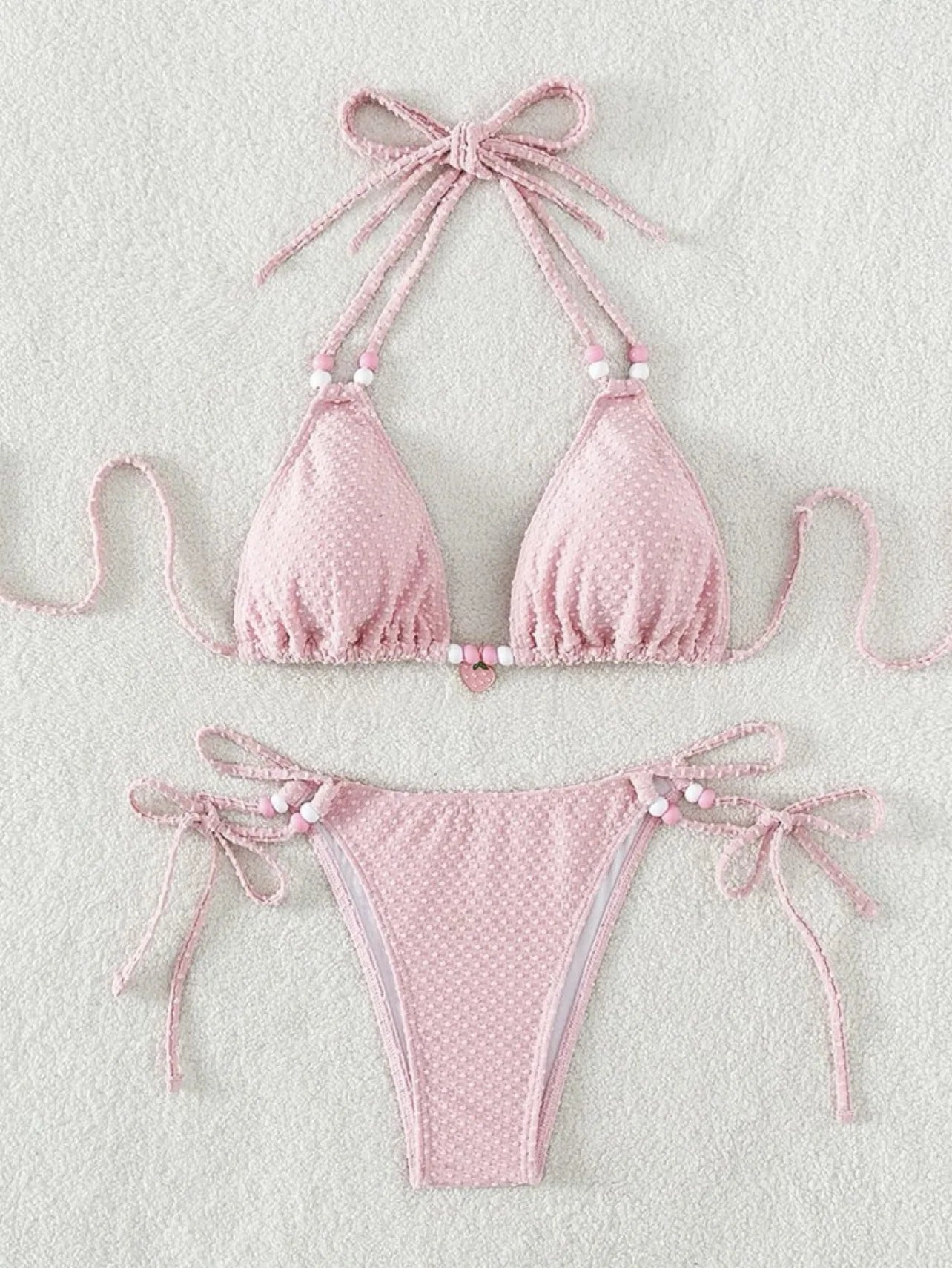 Sexy Pink Bikini 2024 Swimsuit Women White Pearl Strap Push Up Micro Swimwear Brazilian Bathing Suit Tie Side Thong Bikinis Sets - -