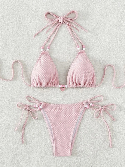 Sexy Pink Bikini 2024 Swimsuit Women White Pearl Strap Push Up Micro Swimwear Brazilian Bathing Suit Tie Side Thong Bikinis Sets - -
