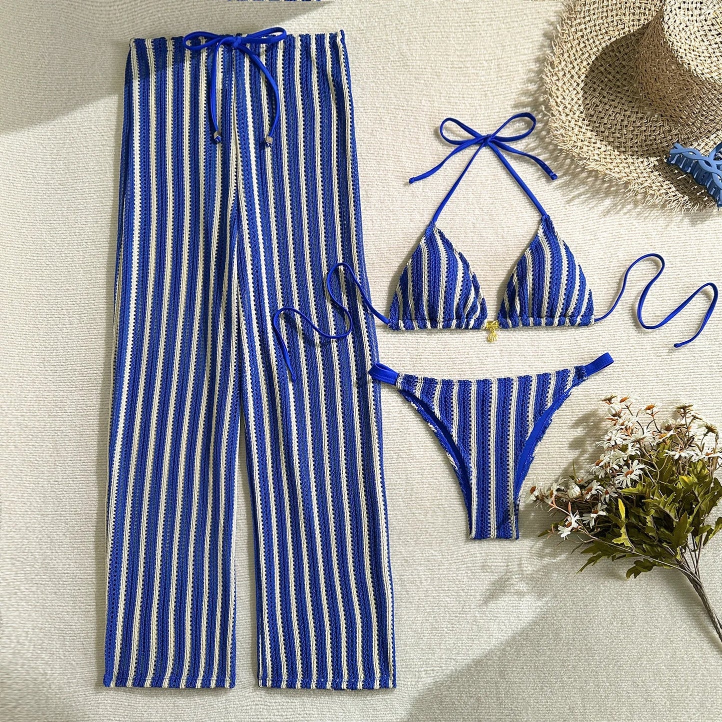 Vintage Red Striped Bikini Set 2026 Women Drawstring Long Panties 3 Piece Swimsuit Beach Holiday Bathing Suit Thong Swimwear - -