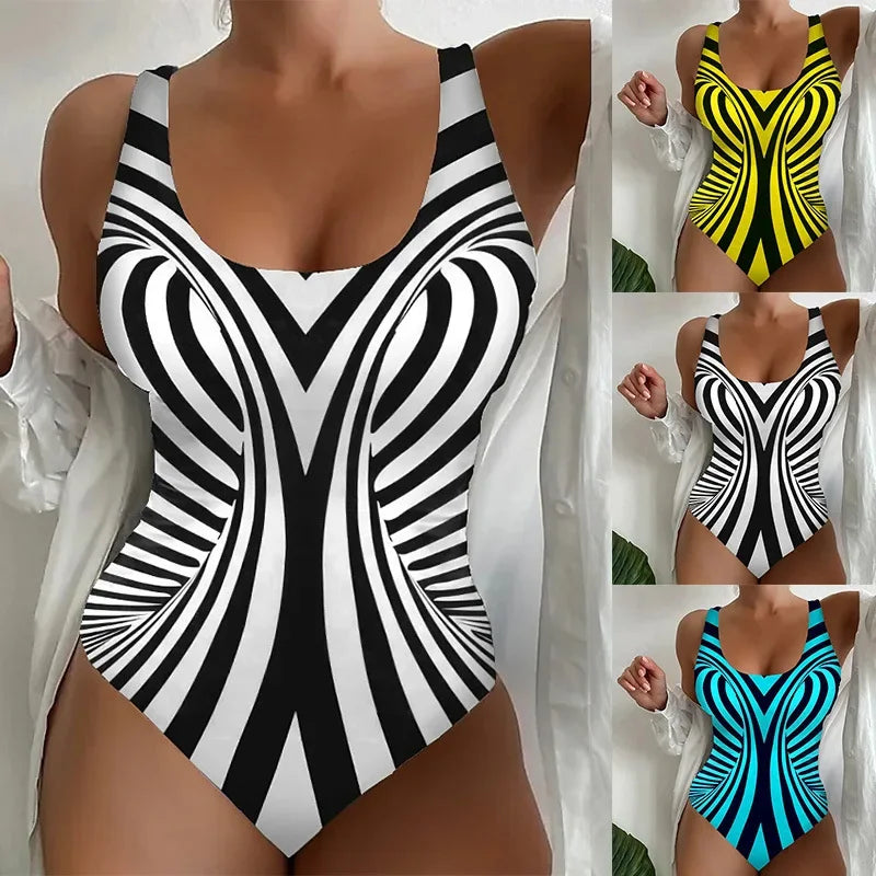 Vintage Abstract Print One Piece Swimsuit Women 2025 Black White Striped Tummy Control Large Size Swimwear Bathing Suit Monokini - -