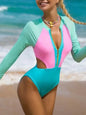 2024 New One Piece Surfing Swimsuit For Women Sexy Swimming Suit Patchwork Long Sleeves Swimwear Monokini Cut-Out Bathing Suit - Pink -