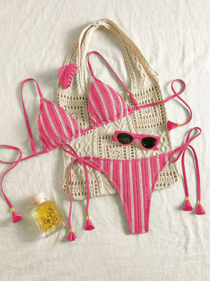 Sexy Orange Striped Bikini Set 2026 Women Halter Push Up Bra Tassel Bandage Thong Swimsuit Summer Holiday Bathing Suit Swimwear - Hot Pink -
