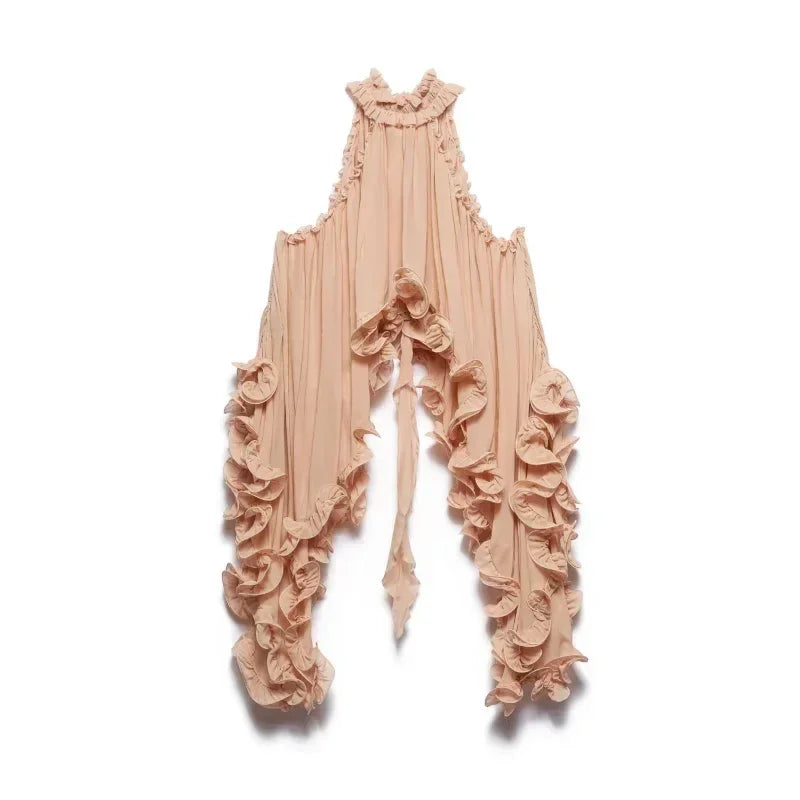 Elegant Ruffle Mini Skirt Set Women Sleeveless Halter Irregular Ruffles Top Mini Loose Short Skirts Sets 2025 Summer Lady Suit - -