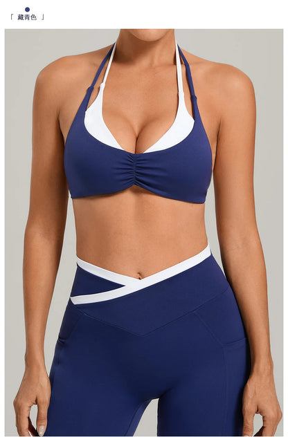 Women's Gym Workout Two-color Yoga Sports Bras Halter Neck Open Back Design Sports Tank Top Running Fitness Built-in Bra Cups - -