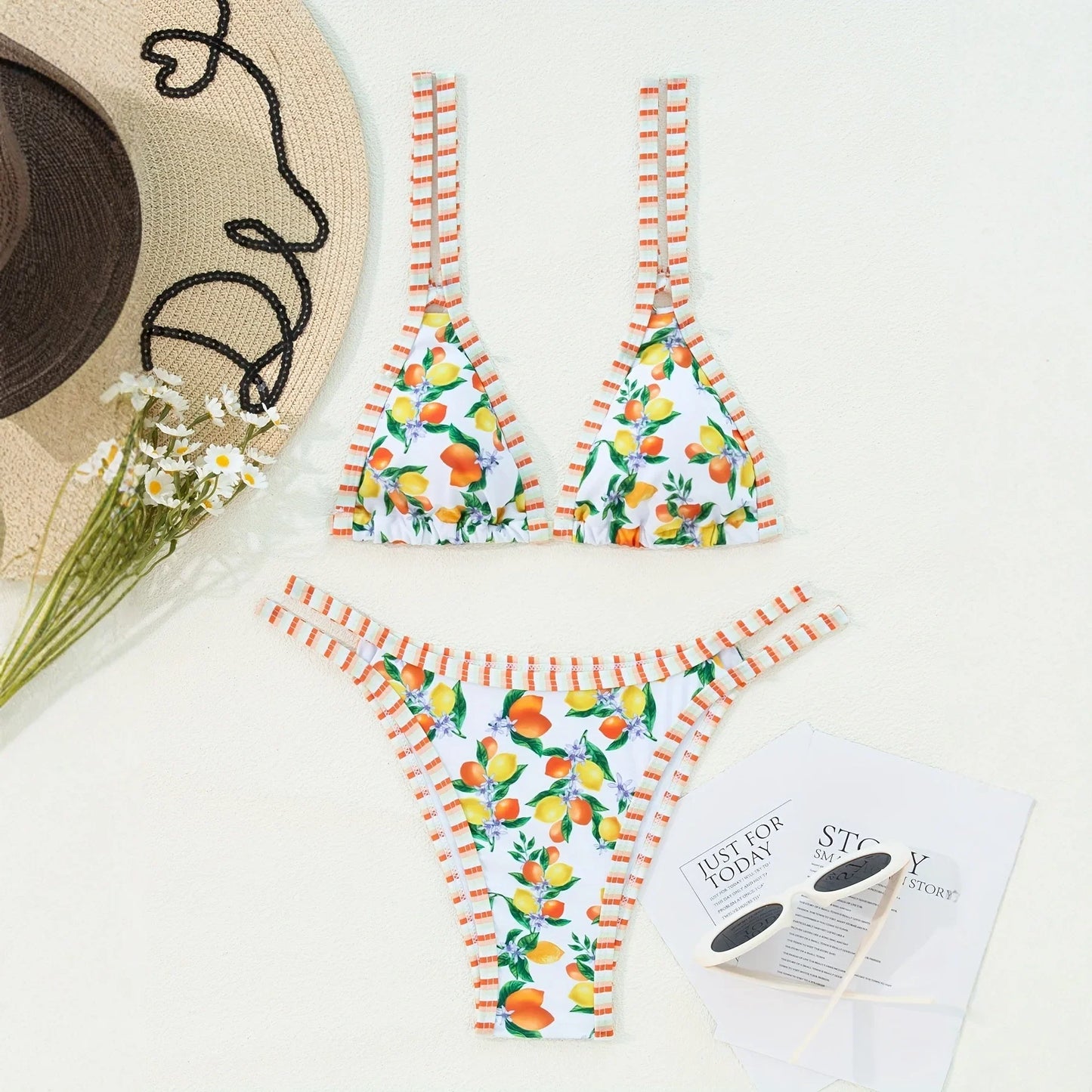 2026 Sexy Orange Print Micro Bikini Women Double Strap Push Up Bra Hollow Out Thong Swimsuit Beach Bathing Suit Holiday Swimwear - -