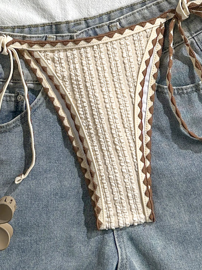 Sexy Triangle Bikini Set 2026 Women Beige Patchwork Pleate Push Up Bra Tie Side Thong Swimsuit Beach Bathing Suit Micro Swimwear - -