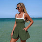 Vintage Black Patchwork Skirt One Piece Swimsuit 2026 Women Back Bandage Cross Pocket Swimwear Beach Bathing Suit Slim Monokini - green -