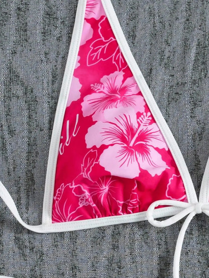 Vintage Pink Floral Print Contrast Bikini Set 2026 Women Drawstring Side Skirt 3 Piece Swimsuit Holiday Bathing Suit Swimwear - -
