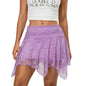 Womens Solid Color Summer Short Skirts Floral Lace Sheer Asymmetric Frill Hem Soft Lined Waist Ruched Mini Low Rise Skirts - PURPLE -