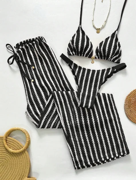 Vintage Red Striped Bikini Set 2026 Women Drawstring Long Panties 3 Piece Swimsuit Beach Holiday Bathing Suit Thong Swimwear - black -
