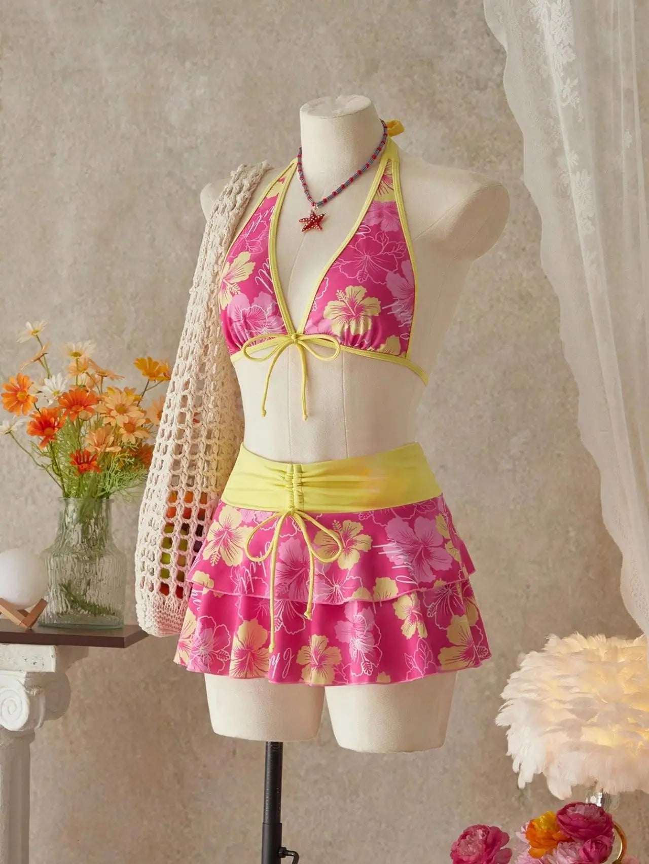 Vintage Pink Floral Print Contrast Bikini Set 2026 Women Drawstring Side Skirt 3 Piece Swimsuit Holiday Bathing Suit Swimwear - -