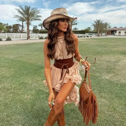 Elegant Ruffle Mini Skirt Set Women Sleeveless Halter Irregular Ruffles Top Mini Loose Short Skirts Sets 2025 Summer Lady Suit - -