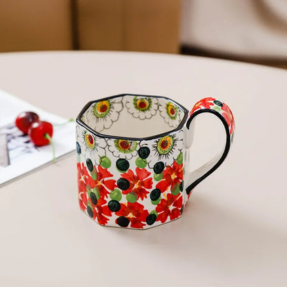 Retro Flower Mug Ceramic Coffee Cup 400ML red black white