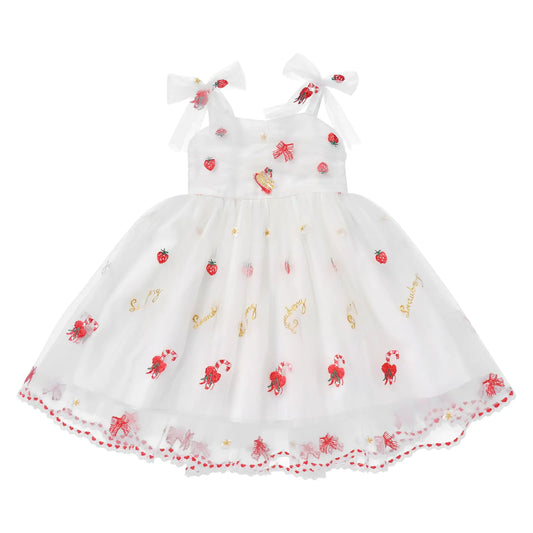 Strawberry Tulle Sleeveless Spaghetti Strap Tutu Dress - White Strawberry 2-3T - dress