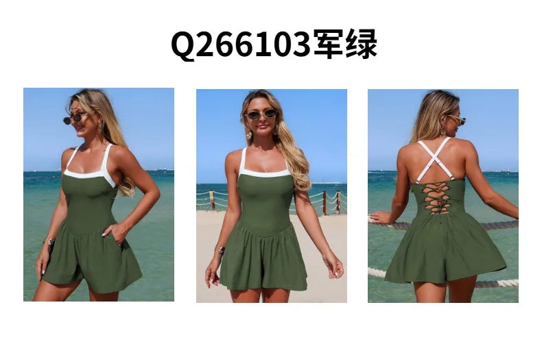 Vintage Black Patchwork Skirt One Piece Swimsuit 2026 Women Back Bandage Cross Pocket Swimwear Beach Bathing Suit Slim Monokini - -