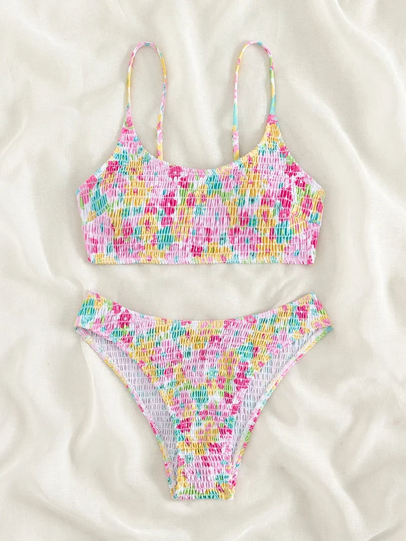 Sexy Pink Floral Print Bikini Set 2024 Women Halter Pleate Push Up High Waist Swimsuit Brazilian Bathing Suit Two Piece Swimwear - -
