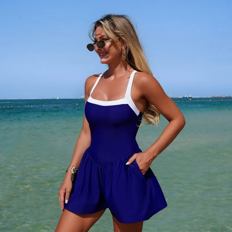 Vintage Black Patchwork Skirt One Piece Swimsuit 2026 Women Back Bandage Cross Pocket Swimwear Beach Bathing Suit Slim Monokini - -