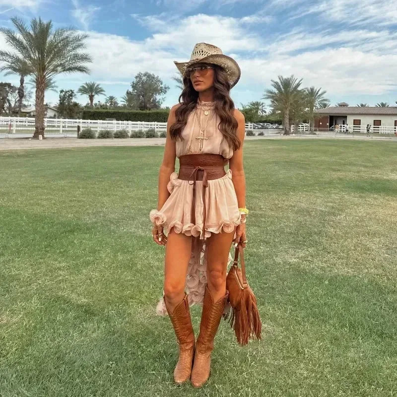 Elegant Ruffle Mini Skirt Set Women Sleeveless Halter Irregular Ruffles Top Mini Loose Short Skirts Sets 2025 Summer Lady Suit - -
