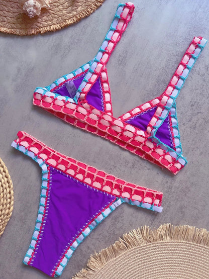 Sexy Black Patchwork Hand Crochet Bikini Set Women 2026 V Neck Push Up Bra Thong Swimsuit Beach Bathing Suit Knitted Swimwear - -
