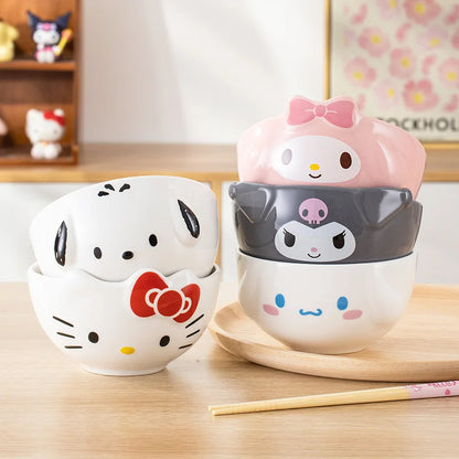 For Sanrio 5Inches Ceramic Rice Bowls Home Cute for Melody& Cinnamoroll& Kuromi Tableware Cartoon Anime Relief Bowl for Children - -