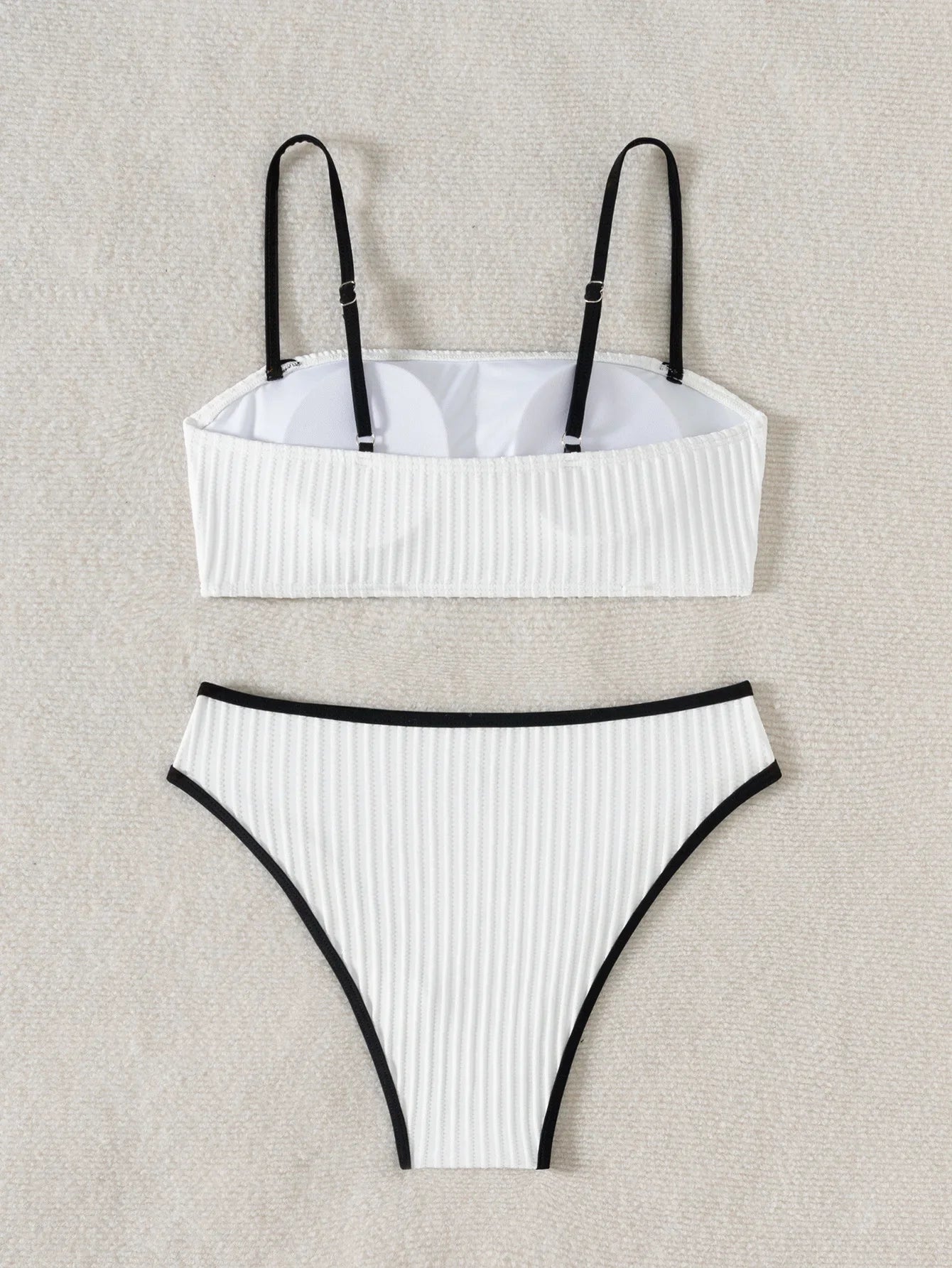 2025 Rib Piping Bandeau High-Rise Bottoms Bikini Set Trendy Beachwear Straight Neckline High Rise Swimwear Swimsuit Bathing Suit - -