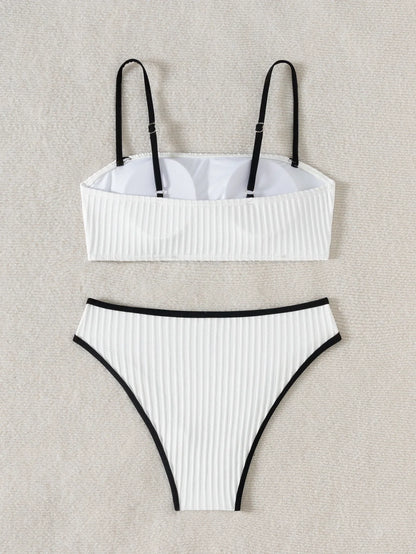 2025 Rib Piping Bandeau High-Rise Bottoms Bikini Set Trendy Beachwear Straight Neckline High Rise Swimwear Swimsuit Bathing Suit - -