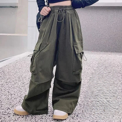 Girls Velvet Cargo Pants High Waist Baggy Pants Green