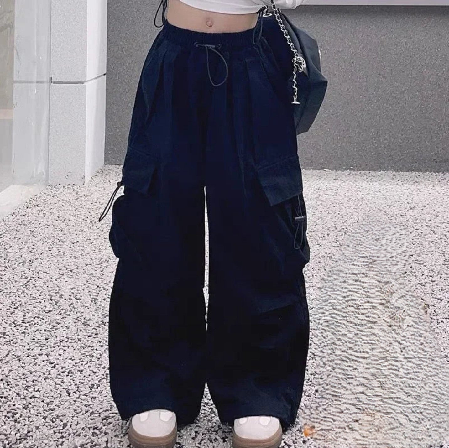 Girls Velvet Cargo Pants High Waist Baggy Pants