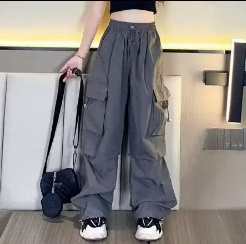 Girls Velvet Cargo Pants High Waist Baggy Pants gray