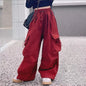 Girls Velvet Cargo Pants High Waist Baggy Pants red