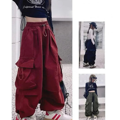 Girls Velvet Cargo Pants High Waist Baggy Pants