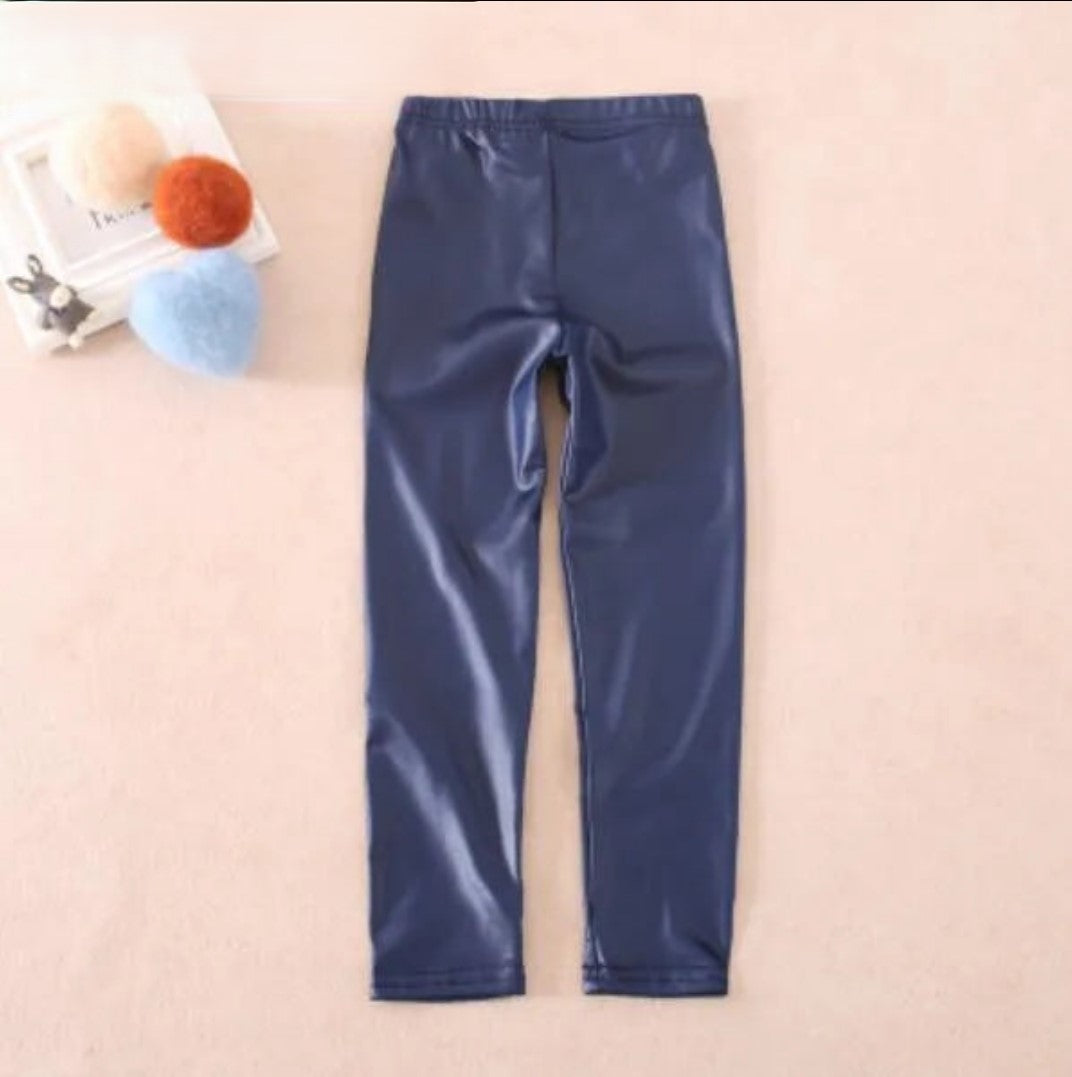 Faux PU Leather Kids Leggings Navy blue